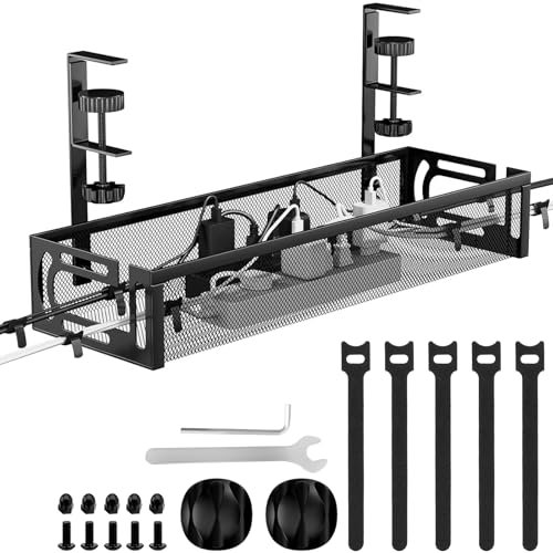 Cable Management, Under Desk Cable Management No Drill, Metal Cable Organiser with Clamp for Standing Desk, Cord Organiser for Home Office, Black