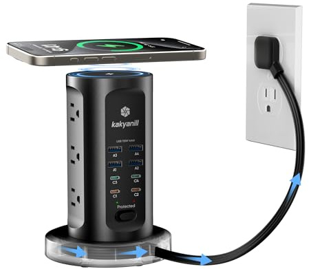Kakyanill - 115W USB Ladestation, Steckdosenleiste Tower mit Überspannungsschutz, 9 AC-Steckdosen mit 8 USB-Ports (4 USB-C), Flachstecker einziehbares Verlängerungskabel