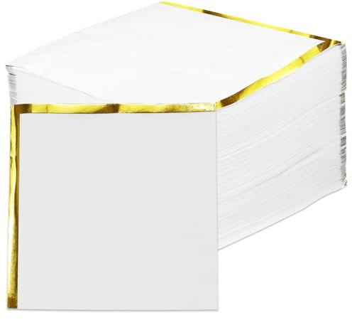 200Pcs White and Gold Cocktail Napkins, Disposable White Napkins with Gold Trim, 2 Ply Decorative Paper Napkin Bulk for Wedding Birthday Anniversary (25 x 25 cm)