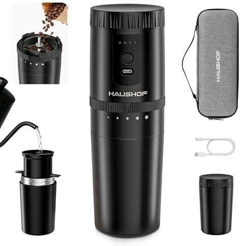HAUSHOF Molinillo de Café Eléctrico Portátil Inalámbrico | Molinillo con 5 Niveles de Molienda, Sistema de Infusión Manual, Taza Térmica y Carga USB-C para Camping y Oficina