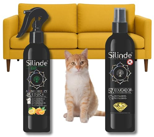 Silinde Kit 2 in 1 Spray Repellente per Gatti Anti Pipì + Spray AntiGraffio Allontana Il Gatto da Mobili e Oggetti. Doppia Azione Disabituante Gatti da Interno ed Esterno Biologico