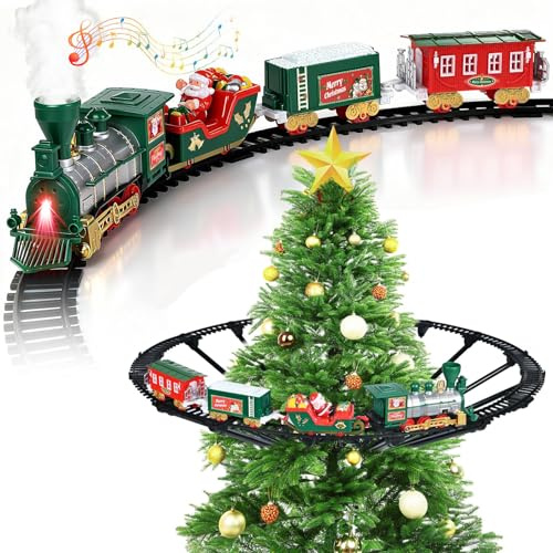 Diealles Shine Eisenbahn Weihnachtsbaum Elektrisch, Weihnachtsbaum Zug, Weisenbahn Kinder Elektrisch mit Licht, Sound & Dampfeffekt, Weihnachtszug Elektrischs um den Baum, Schwebender Weihnachtszug