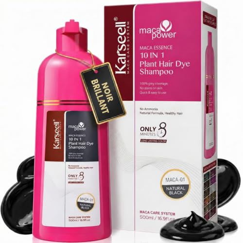 Karseell MACA CARE SYSTEM Champú Tinte Negro Natural Cobertura Canas Instantáneo Coloración Rápida 8 Minutos Aceite Argán Queratina Hidrolizada Raíces Brillo Suavidad Sin Parabenos Ni Siliconas 500ml