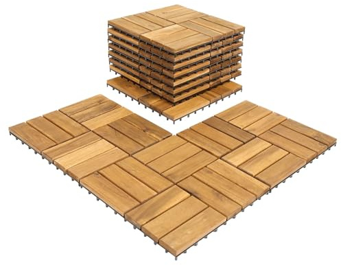 Jaxguom Holzfliesen Balkon 30x30cm, Akazienholz Terrassenfliesen 66Stück 6㎡,Balkon Bodenbelag(12 Latten),Terassenboden Außen,Klickfliesen Terrasse Mosaik für Garten Patio