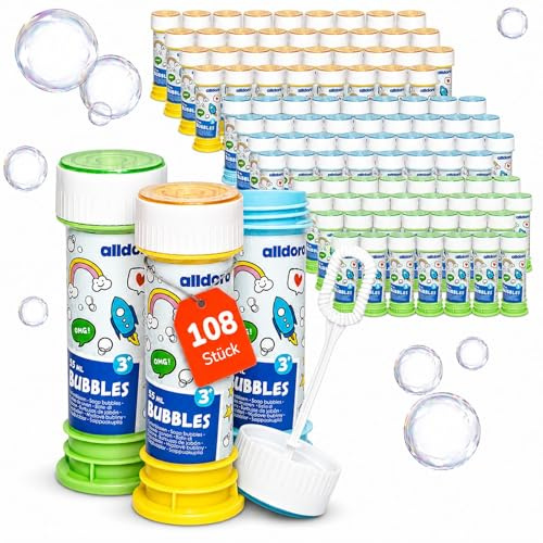 alldoro 68790 Seifenblasen 108er Set mit Murmel-Labyrinth im Deckel & Pustestäbchen, je 55 ml, Rainbow-Bubbles für Geburtstag & Hochzeit, ab 3 Jahre