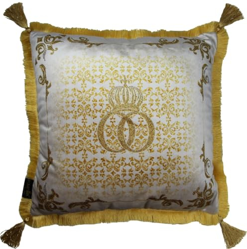 Casa Padrino Harald Glööckler Pompöös Kissen by Creme/Gold Krone Deluxe mit Strass Steinen und Troddeln - Luxus Deko Barock Zierkissen