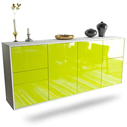Dekati Sideboard Beaumont hängend (180x77x35cm) Korpus Weiss matt, Front Hochglanz Grün, Push to Open, Leichtlaufschienen