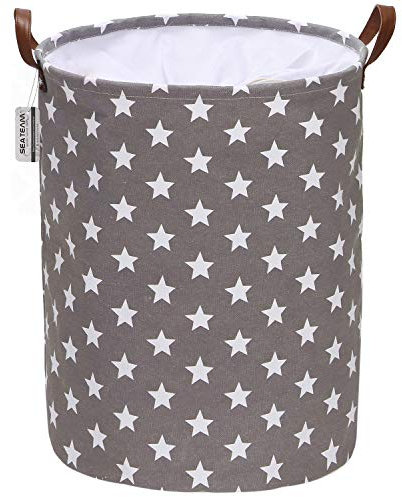 Sea Team Star Pattern Wäschekorb Leinwand Stoff Wäschekorb Faltbarer Vorratsbehälter mit PU-Ledergriffen und Kordelzugverschluss, 19,7 x 15,7 Zoll, wasserdichtes Inneres