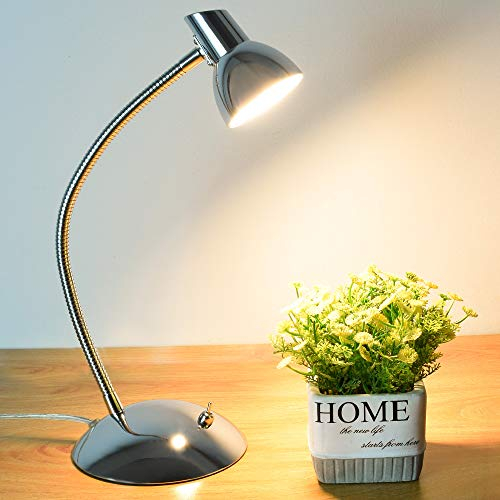 PADMA Schreibtischlampe Kinder Chrom 5W Tischlampe Led Wohnzimmer Silber 400LM Leselampe Warmweiß Schwenkbar mit Schwanenhals Modern für Schlafzimmer Kinderzimmer Büro Arbeitszimmer Lesezimmer