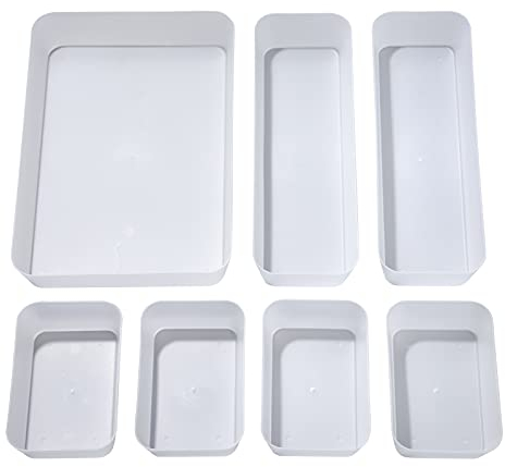MaoXinTek Drawer Organizer Tray Interlocking Dividers, Office Desk Separators Storage Box, Transparent Shallow Make-up Organiser Sorter for Kitchen Utensil Bathroom Bedroom Dresser (7 Piece Set)