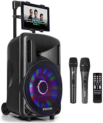 Fenton FT-10LED Portable Bluetooth Karaoke Speaker Bundle with Wireless & Wired Microphones, Built-In LED Lights, Tablet Holder and MP3 Playback - Ideal Party Karaoke Speaker System