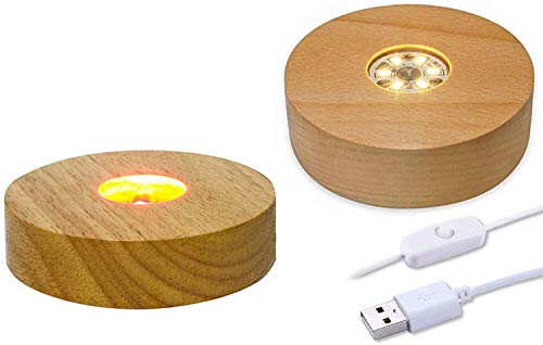 Base de luz LED de madera, redonda con luz LED, placa base de exhibición de escritorio, soporte de escritorio alimentado por USB para bolas de cristal, joyería de cristal (Warm Light + Colorful)