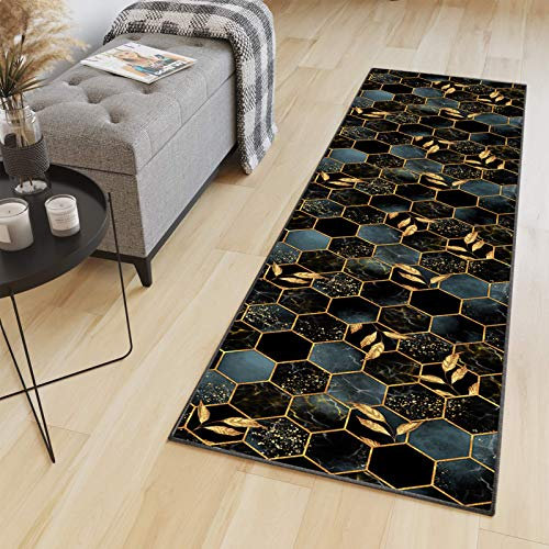 HaiTaoSy Tapis Cuisine Devant Evier Carreaux de Ciment 70 x 240cm, Tapis Couloir Antidérapant et Lavable (sur Mesure & 10 Designs), Motifs Hexagonal doré