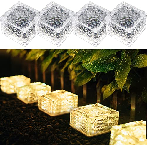 MEDOYOH 4PCS Warmwhite Light Solar Light PVC Brick, Solar Brick Light On/Off Solar Ponds Lights Outdoor Garden Ornaments for Lawn Path Step Stone Deck Ground Pond, 7x7x5cm