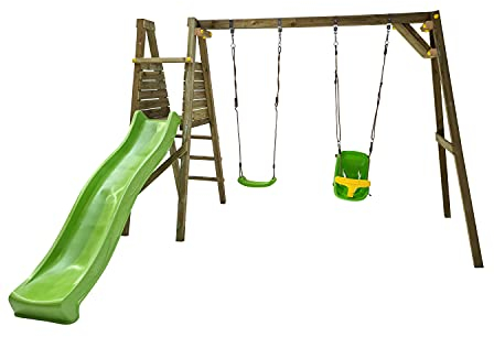 | MASGAMES | Parc pour enfants Lignum L | Toboggan avec raccord à tuyau | Bois traité | Ancrages inclus | Balançoire 2 places | Sièges mixtes