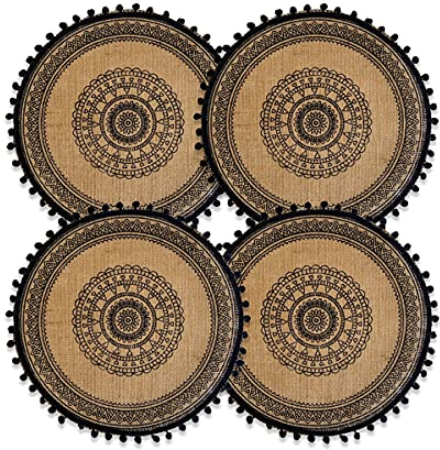 CcHhyyt Set mit 4 Stück Boho Platzsets rund gewebte Jute-Fransen-Tischsets mit Quasten Pompon Platzset für Esszimmer wasserdichte Tischdekoration Baumwolle Kaffeematte Wohnkultur (Schwarze Pompon)