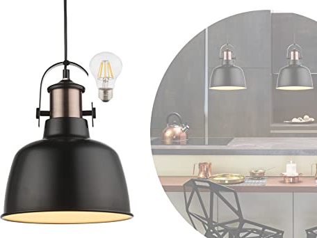 bmf-versand Hängelampe Schwarz Metall Industrial LED - Pendelleuchte Esstisch Vintage - Hängeleuchte Industrie Kupfer Esszimmer Küche - Pendellampe mit Leuchtmittel 23 cm