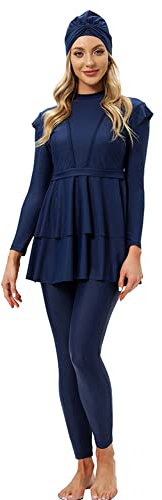 Muslimische Badeanzug Damen Burkini Frauen Muslim Bademode Modest Islamisch Arabisch Jilbab Langarm Schwimmoberteile Built in Bra+Schwimmhose+Hijab Kopftuch 3tlg Full Cover Schwimmanzug Blau 2XL