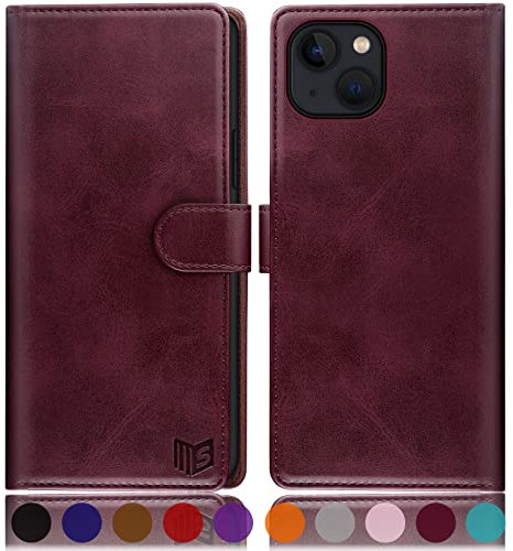 SUANPOT for iPhone 14 Plus 6.7 inch case with [Credit Card Holder][RFID Blocking],PU Leather Flip Book Protective Cover Women Men for Apple 14 Plus Phone case Wine Red