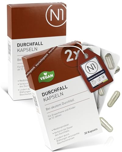 N1 Durchfall Kapseln 60 St. - Medizinprodukt bei akutem Durchfall | Verkürzt die Durchfalldauer und lindert Bauchschmerzen - gut verträglich, praktisch für Reise, Urlaub, Büro und den Alltag