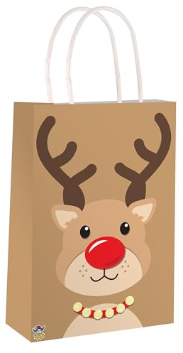 Anila's Complete Christmas Themed 10 Party Bags, Fillers & Favours – 10 Reindeer Party Bags with Handles. (Ideal for Children Aged 3-8)