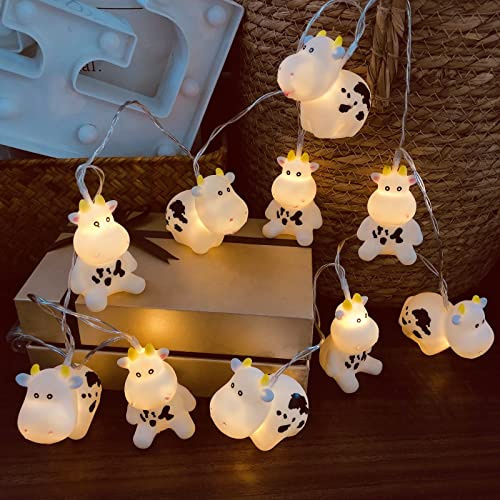 Riaxuebiy 10 LED Cow Fairy Lights 1.65m Cattle String Lights Battery Operated Bedroom Children Room Decor Chain of Lights (1.65m/10led, White Cow)