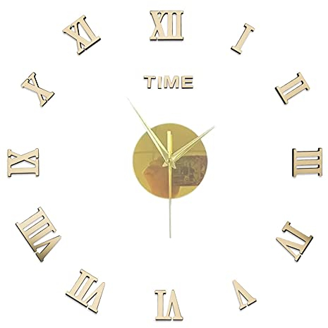 3D DIY Groß Wanduhr Modern,40-50cm Stumm Spiegel Aufkleber Römische Ziffern Ohne Tickgeräusche Uhr aus Acryl Wanddekoration für Zuhause Büro Wohnzimmer Schlafzimmer Küche Büro und Hotel,Gold
