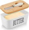 Webao Mantequera de cerámica, multifunción, esmaltada, con tapa de madera, recipiente para mantequilla de alta calidad con labio de sellado de silicona para 250 g de mantequilla, color blanco
