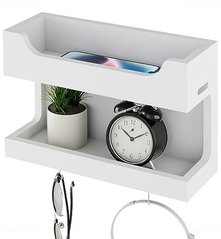 NiHome Wandregal aus Holz mit Doppelablage und magnetischen Haken, Wandhalterung für Nachttisch, Schlafzimmer, Wohnheim, Wohnmobil - ideal für Telefon, Brille, Wecker, Fernbedienung (weiß)