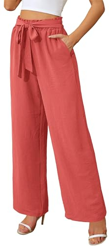 Actcat Damen Hose mit weitem Bein, leicht und elegant, elastischer Bund, Sommerhose mit Taschen, für legere Arbeit geeignet Strandhosen Damen leicht Stoffhose Damen,Orange Rot,XL