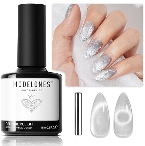 MODELONES UV Nagellack Cat Eye 15 ML, Silber Glitzer mit Magnet, Cat Eye Uv Gel Silber Glitzer, Glitter Soak Off Reflective Gel Magnetic Nagellack für Frauen und Mädchen