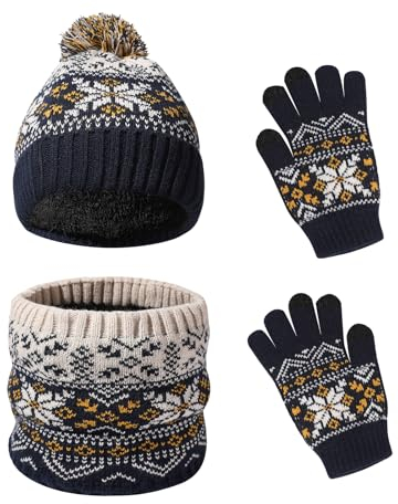 Waylipun 3 in 1 Wintermütze Schal Handschuhe Set, Warm Strickmütze Mit Plüsch Innenfutter für 2-7 Jahre Kinder Jungen Mädchen (Dunkel Blau)