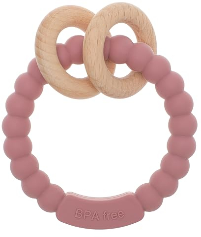 meanus Beißringe für Babys, Beißring Spielzeug aus Silikon und Buche, BPA-frei (Power Rose)
