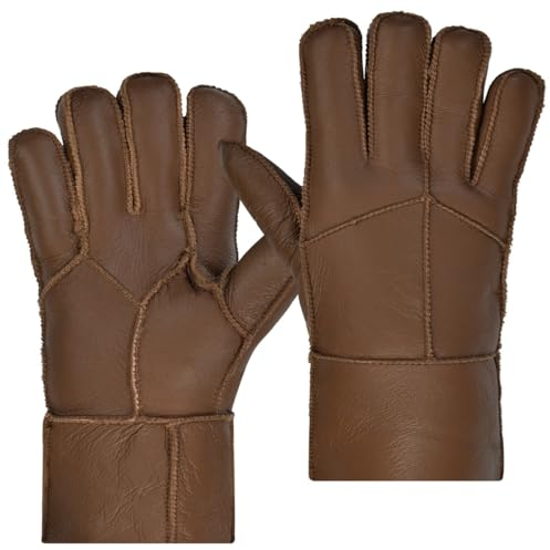 Harssidanzar Männer Shearling Handschuhe,Warme Winter Leder Shearling Schaffell Handschuhe KM056EU,Karamell,Größe L