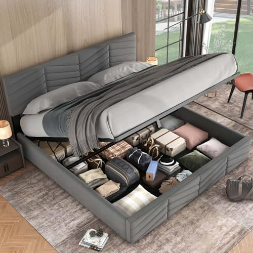 KOMHTOM Coffre avec Tête de Lit, Double Rembourré avec Rangement sous Lit, Cadre et Sommier à Lattes en Bois (sans Matelas) (Gris, 180 x 200CM)