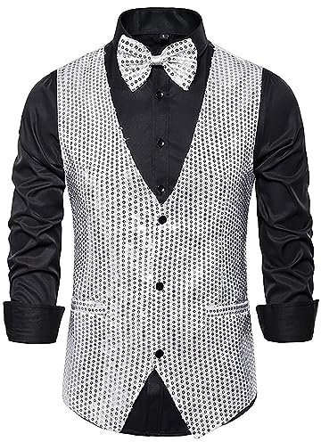 Pailletten Weste Herren Weste Silberne Pailletten Blazer Party Anzug Jacke Basis - Glänzend V Ausschnitt Weste Hochzeiten Bankett Prom Smoking Mantel Frack Formal