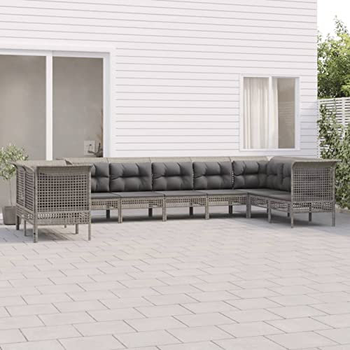 LAPOOH 9-TLG. Garten-Lounge-Set mit Kissen Grau Poly Rattan, Lounge Gartenmöbel Set, Terassenmöbel Wetterfest, Loungemöbel Terrasse, Gartenlounge, Garten Loungemöbel Set, 3187547
