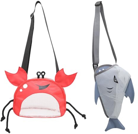 SacJkt Netztasche Sandspielzeug, 2 Stück Sandspielzeug Tasche, Niedliche Strandtasche in Form einer Krabbe und Eines Hais mit Verstellbarem Riemen, Tasche für Sandspielzeug für Urlaub am Meer