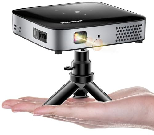 GooDee WiFi Bluetooth Mini Projector - 4K DLP Projector 1080P Support Pocket Pico Movie Projector with Tripod, Outdoor Video Portable Rechargeable Battery Short Throw for iPhone/Android