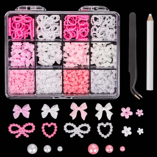 500pcs 3D Nail Charms, Multi Shapes Bow, Love Heart, Flower, Pearl Nail Decorations with Pickup Tool - DIY Accessories for Women, Girls (White, Pink)