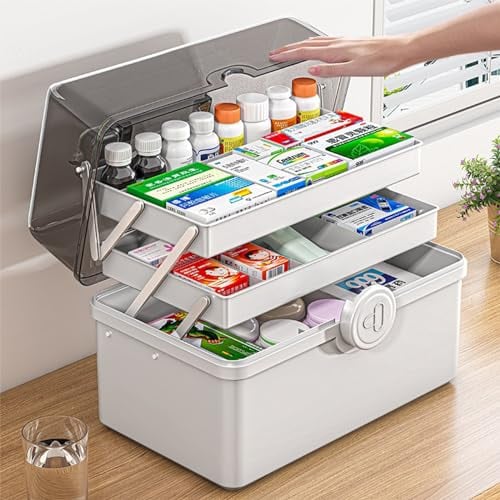 3-Regal Medikamenten Aufbewahrung 39 x 21.5 x 26.5 cm Mehrzweck Medikamentenbox mit Transparentem Deckel Bastelkoffer,Aufbewahrungskasten Medizin Box,tragbare Medizintruhe,große Kapazität medizinische