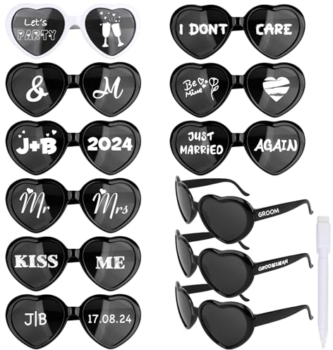 BOOMTOP 12 Stück Herz Sonnenbrille Personalisiert Herz Brillen Partybrille Hochzeit Weiß/Rosa/Schwarz JGA Brille Lustige Hippie Brillen mit Stift Junggesellenschied Deko für Karneval Mottoparty