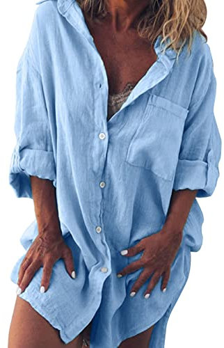 Modaworld Robe Lin Et Coton Femme Chic Et Elegant Robe Longue Femme Ete Boheme Couleur Unie Casual Hawai Chemisiers Robe Plage Femme Manches Longues avec Poches Décontracté Respirant