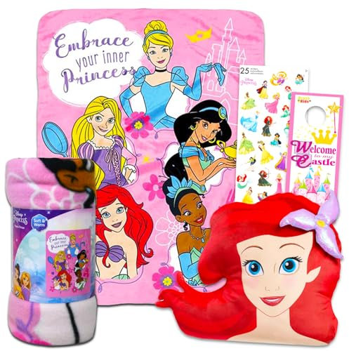 Disney Prinzessinnen-Reisedecke und Kissen-Set – Bündel mit Disney Prinzessinnen-Decke, Ariel-Plüschkissen, Aufklebern, mehr | Disney Prinzessin Reisezubehör für Kinder