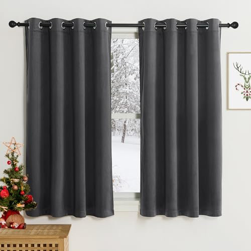 PONY DANCE Dark Grey Velvet Curtains 54 Drop - Eyelet Thermal Insulated Soundproof Blackout Curtains for Small Windows, Elegant Home Decor Window Treatments 46x54 Inches, 2 Panels