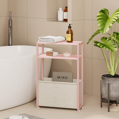 Leomonio Schmaler Beistelltisch, schmaler Beistelltisch mit Stoffkorb, schmaler Tisch für kleine Räume, dünner Nachttisch für Wohnzimmer, Schlafzimmer (1, Jelly Pink + Cremeweiß)