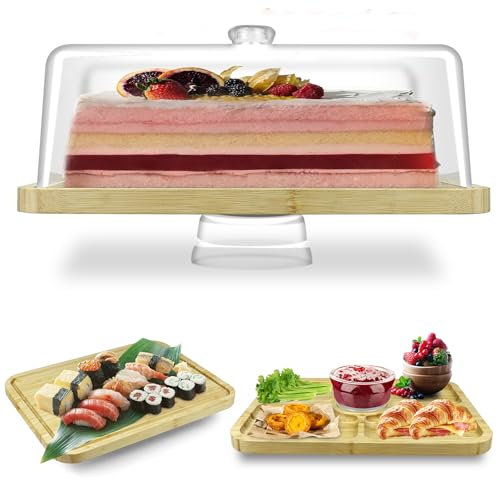 Cutesun Alzata per torte in legno di bambù con coperchio, supporto rettangolare per torte, set 2 in 1 per espositore e tagliere per salumi, per formaggi, patatine, piatti di frutta, grande copertura