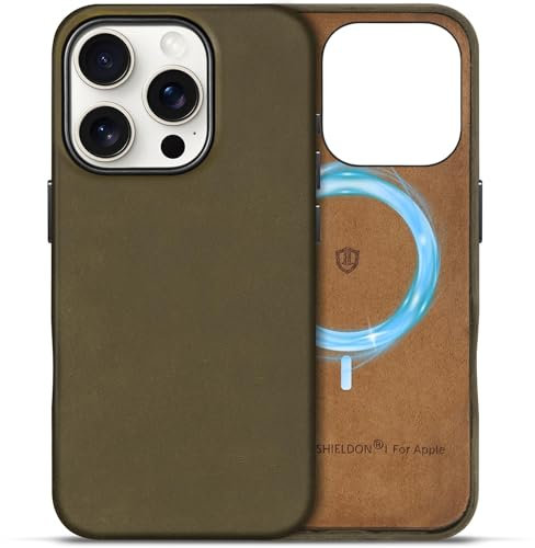 SHIELDON Leather Case for iPhone 16 Pro, [Crazy Horse Leather][Magnetic Wireless Charging][Metal Buttons][Non-Slip][Slim Fit] Shockproof Phone Cover Compatible with iPhone 16 Pro 6.3 - Retro Khaki