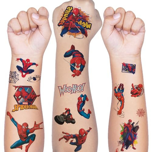 Lot de 8 feuilles de tatouages temporaires Spider Man - Pour filles et garçons - Sac d'école - Étanche - Pour cadeaux d'anniversaire d'enfant - Décoration de fête