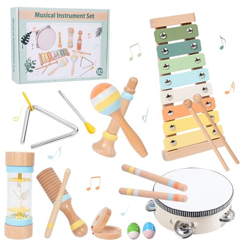 KIMIGO Instrument de Musique Bebe -Jouets musicaux Montessori pour Enfants,Ensemble d'instruments à Percussion en Bois,Batterie Xylophone,Cadeaux pour Les Tout-Petits 2 3 4